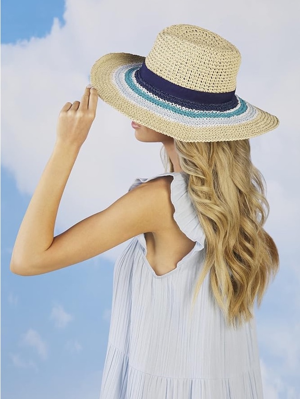 MUD PIE Women's Striped Straw Fedora Hat Beige Blue Accents Straw Knit O/S